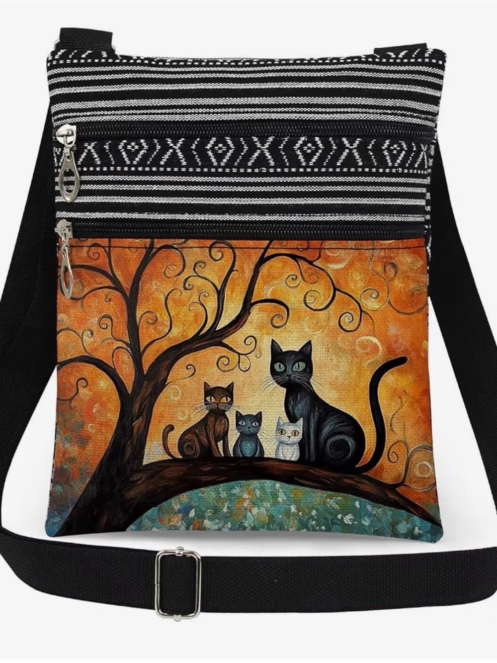 Whimsical Cats Crossbody Bag in Black and Orange